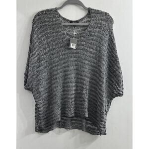 Eileen Fisher Fine Open Twist Stripe Dark Pearl Box Sweater Top Large $198‎